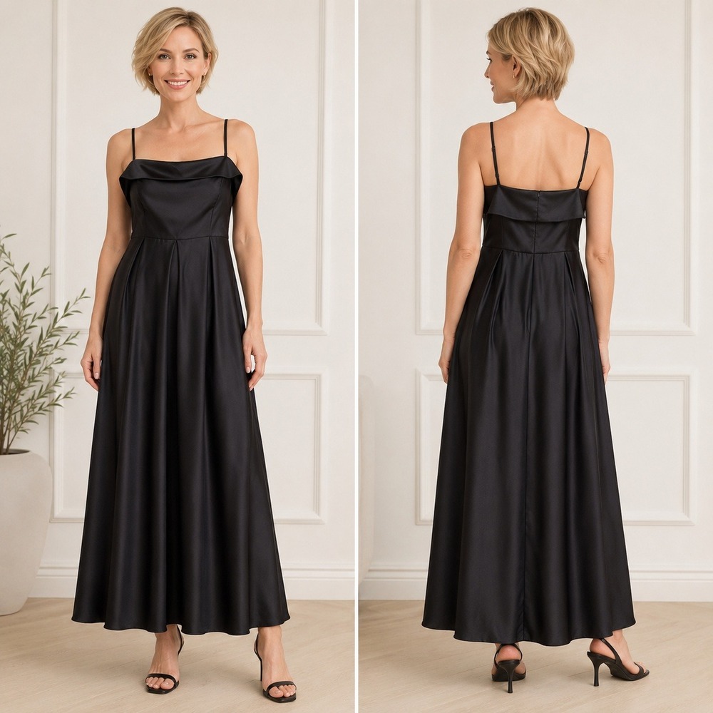 Azazie Black Satin Maxi Dress Fold Over Neckline Formal Bridesmaid Gown Hoco
